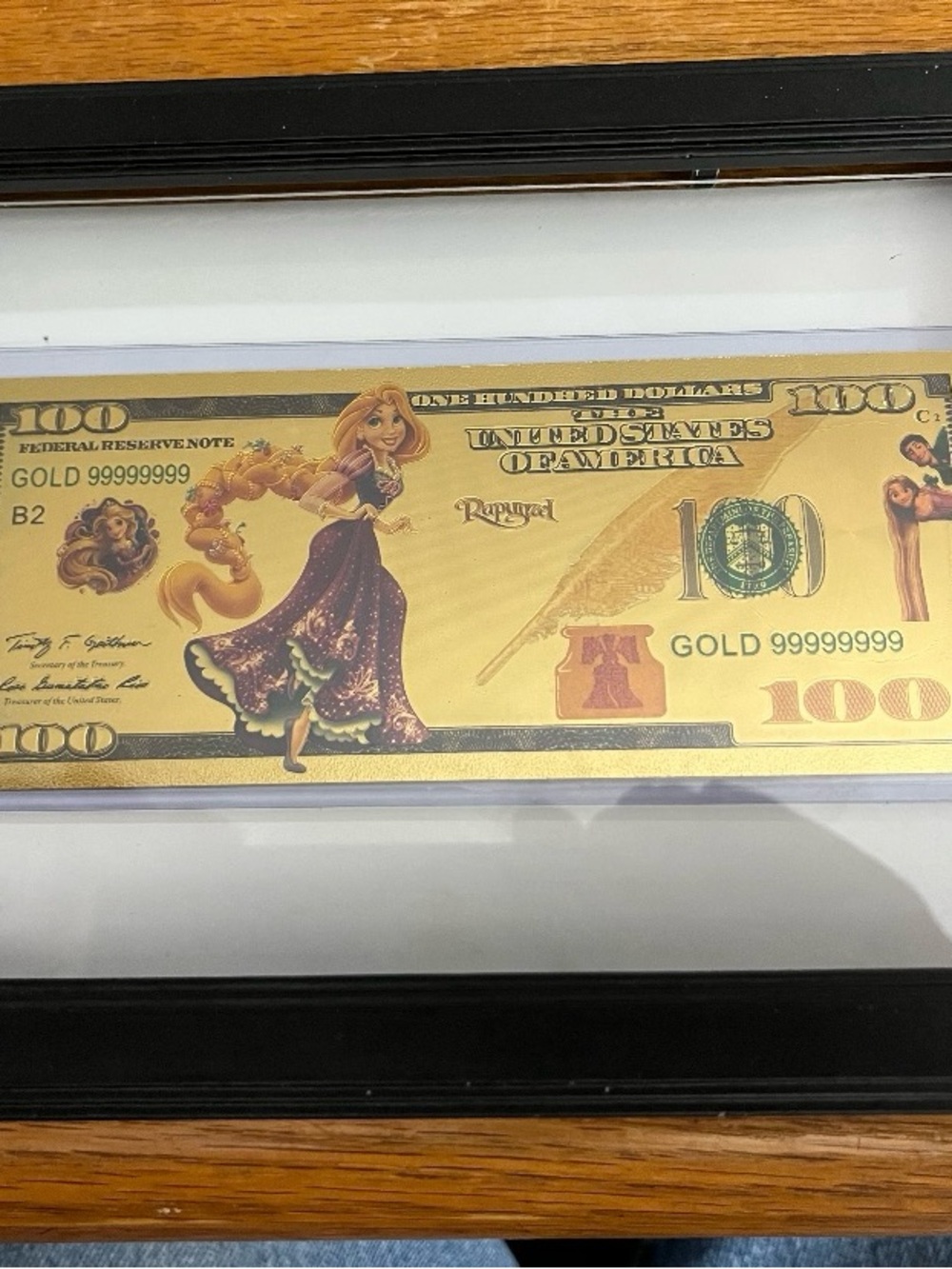 Gold Novelty $100 Rapunzel Decorative Bill Wall Art